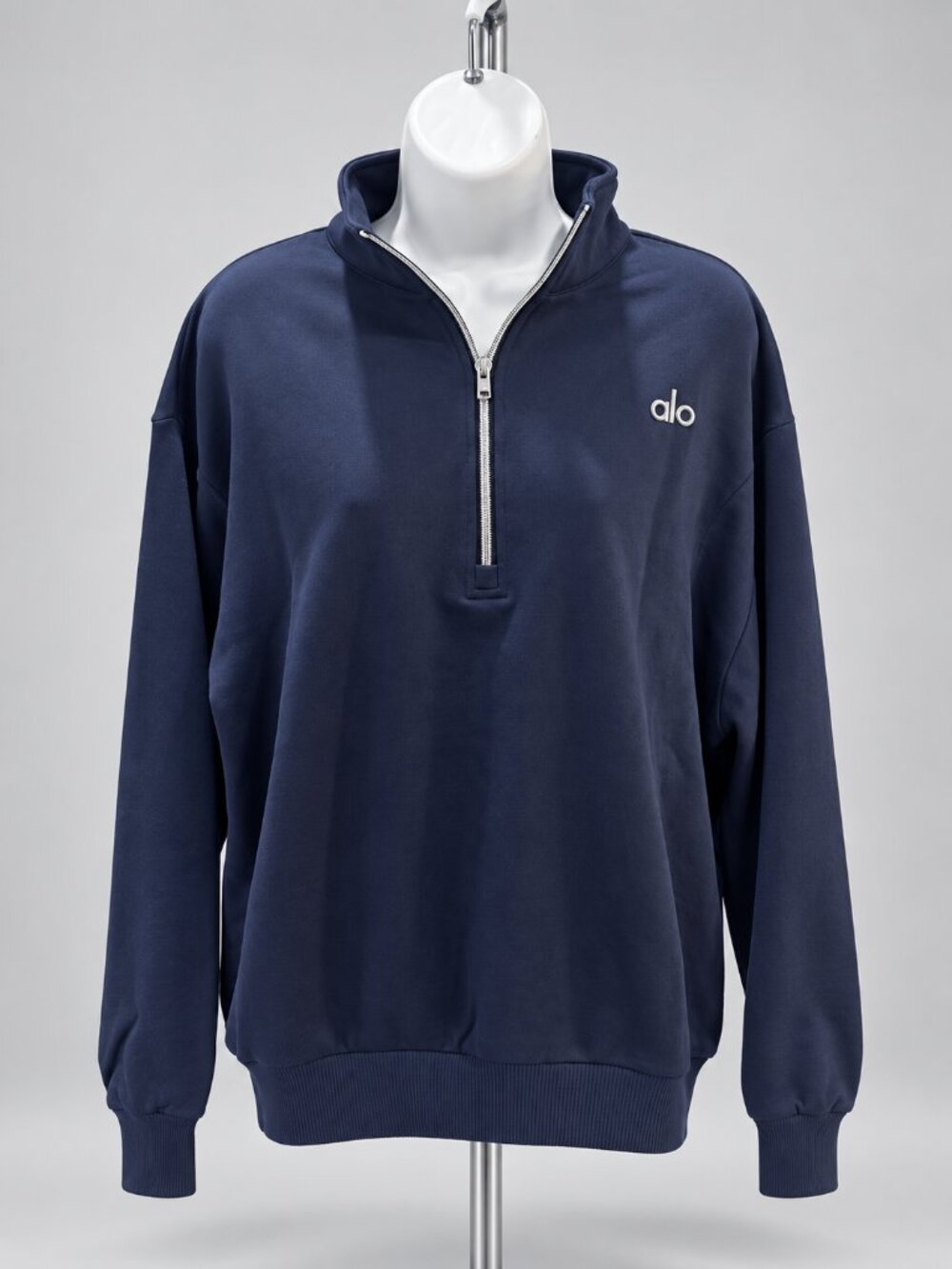 Alo Yoga Accolade Navy Blue 1/4 Zip Pullover Sweatshirt Silver Logo - Picture 2 of 3